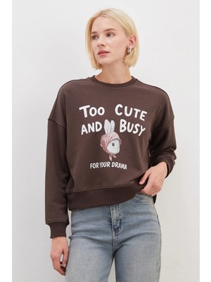 FullaModa 3 İplik Şardonsuz Tavşan Baskılı Oversize Sweatshirt