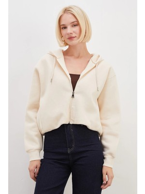 FullaModa 3 İplik Fermuarlı Kapüşonlu Yarasa Kol Crop Sweatshirt