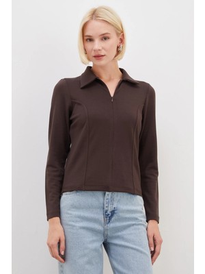 FullaModa Yarım Fermuarlı Polo Yaka Slim Fit Modal Sweatshirt