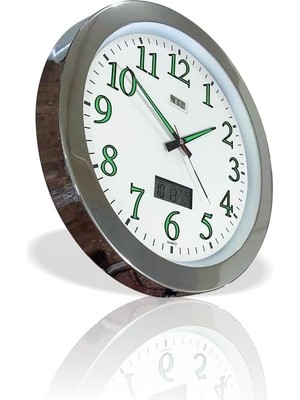 Tr Dev Büyük 48 cm Krom Metal Çerçeve Fosforlu Duvar Saati Gece Karanlıkta Görünen Nemölçer