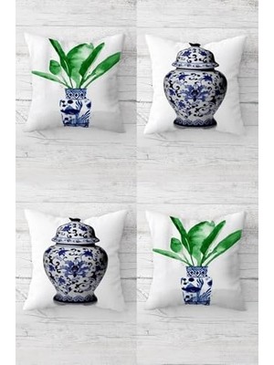 Trendexa Yastık; Pelangi Çini Vazo ve Yeşil Yapraklar Desen Gizli Fermuarlı Kırlent Kılıfı Koltuk Kılıfı TAKIM(4ADET), Mavi-Yeşil-Beyaz 45 x 45