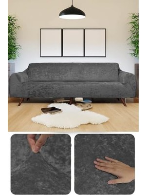 Trendexa Bibaha Kadife Lastikli 3 Kişilik Koltuk Örtüsü | Kanepe Kılıfı| Çekyat Örtüsü Kılıfı Antrasit 180 x 230