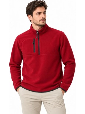 Mç Plus Erkek Polar Dik Yaka Yarım Fermuarlı Fermuarlı Göğüs Cepli Regular Fit Kışlık Sweatshirt - Bordo