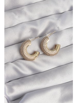 Sungur's Store Pirinç Gold Renk Zirkon Taşlı Yarım Halka Küpe -1492