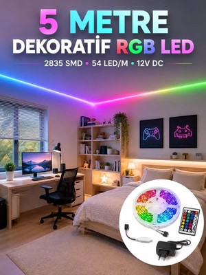 Nemere Ithalat 5 Metre Rgb Şerit LED 2835 Smd 54 Led/m Uzaktan Kumandalı Dekoratif Aydınlatma