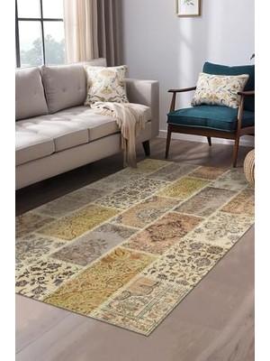 Trendexa Serene Patchwork Desenli Şönil Pamuk Tabanlı Yıkanabilir Kaymaz Antibakteriyel Salon Halısı 160X230