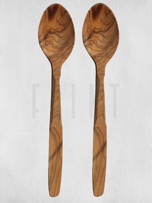 Tr Zeytin Ağacı Tahta Kaşık 2'li Set – Doğal El Yapımı Ahşap Mutfak Kaşığı 22 cm