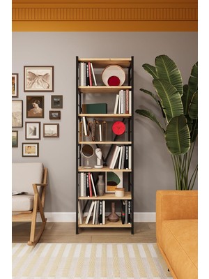 Tr Asra Trend Safir Meşe METALK01 6 Raflı Metal Kitaplık 55 cm Endüstriyel Modern Dekoratif Raf
