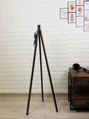 Tr Lambader Ayağı Ahşap Ayak Mdf Üçlü Tripod Ayak Tesisatlı Abajur Ayağı Kahverengi