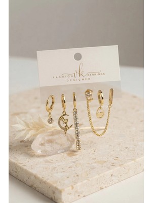 Nemere Gold Renk Pirinç Zirkon Taşlı 6'lı Küpe Set Kombini TJ-BKP12130