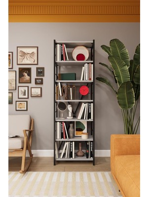 Tr Asra Trend Kül Gri METALK01 6 Raflı Metal Kitaplık 55 cm Genişlik Endüstriyel Modern Dekorat