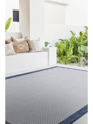 Trendexa Halısı, Fresco Ekru Lacivert Iskandinav Yıkanabilir Bordürlü Halı Kilim Balkon Teras Koridor 23745A, 50 x 80