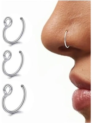 Trendexa Paslanmaz Çelik Burun Piercing Seti, Delikli ve Deliksiz, 3 Adet, Çelik Renk