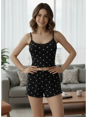 Nemere Kadın Siyah Puantiye Desenli Dantel Detaylı Şortlu Pijama Takımı