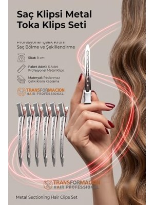 Trendexa 721372 Dayanıklı Metal Saç Klipsi Toka, 8 Cm, 6'lı Set, Çelik Krom Kaplama Kuaför Tipi Bölme ve Şekillendirme Tokası
