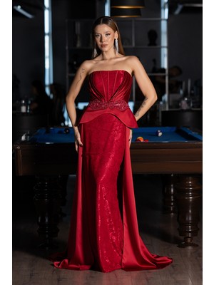 Abiyefon Straplez Peplum Kesim Kuyruklu Uzun Dantel Abiye ABU5615