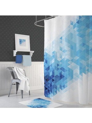 Tr Banyo Perdesi 1X180X200 Tek Kanat Duş Perdesi Halka Hediyeli Duşakabin Perdesi Blue Squares