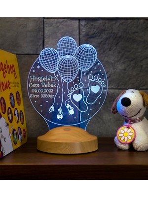 Trendexa Isimli Hoş Geldin Bebek 3 Boyutlu LED Lamba, Yeni Doğan Hediyesi