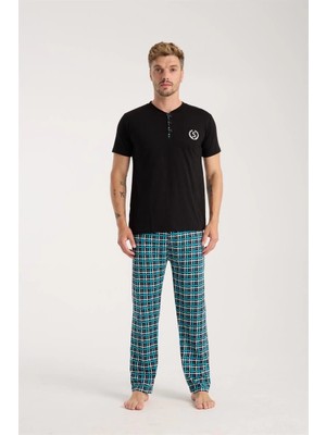 Hobilinka Erkek Düğmeli Yaka Siyah Kısa Kol Pijama Takımı