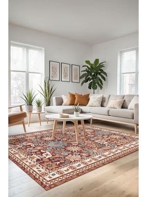 Trendexa Zanem Çiçekli Şönil Kaymayı Önleyici Doğal Pamuk Tabanlı Yıkanabilir Antibakteriyel Çevre Dostu Salon Halısı 160X230