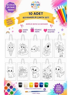 Trendexa Boyanabilir Bez Çanta Seti 6 Renk Akrilik Boya ve Fırça Dahil, 30X40 Cm, 10 Adet
