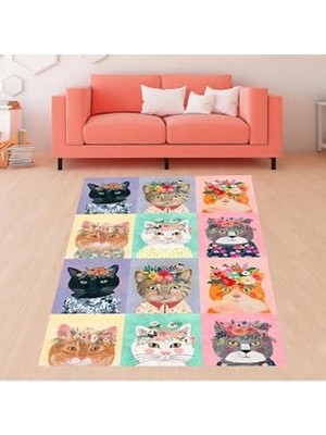 Trendexa Kedili Kedi Desenli Dijital Baskı Yıkanabilir Kaymaz Taban Modern Salon Halısı ve Yolluk, Pembe-Renkli 120 x 160