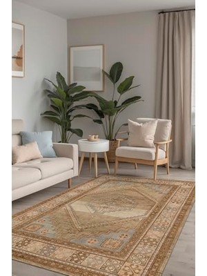 Trendexa Lukes Vintage Desenli Şönil Pamuk Tabanlı Yıkanabilir Kaymaz Antibakteriyel Salon Halısı, 100X200