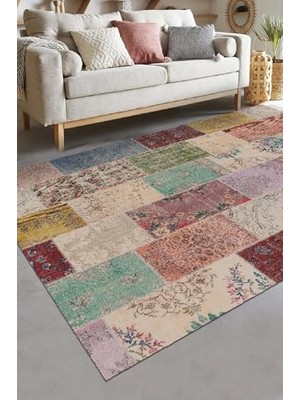 Trendexa Afra Şönil Patchwork Kaymayı Önleyici Pamuk Tabanlı Yıkanabilir Antibakteriyel Salon Halısı 80X300