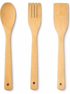 Tr Bambu Mutfak Seti, Kaşık, Çatal, Spatula, Doğal Ahşap, Çizmez, Tava Dostu, 3 Parça,bambu