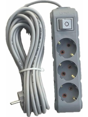 Tr 3lü Anahtarlı Grup Priz 5 Metre 16A 250V, Üçlü Topraklı Uzatma Kablosu 5 Metre Gri Renk