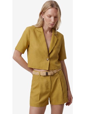 Koton Kısa Kollu Geniş Yaka Düğmeli Keten Karışımlı Crop Blazer Ceket