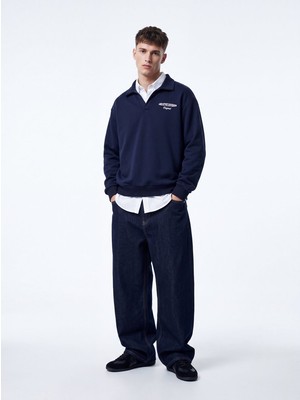 LTB Regular Fit V Yaka Yazı Baskılı Lacivert Sweatshırt