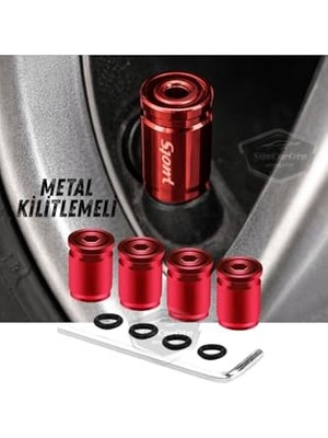 Trendexa Kilitlemeli Sibop Kapağı Alyanlı Sibop Kapağı Araba Motosiklet Bisiklet Metal Sıkmalı Kırmızı 4'lü