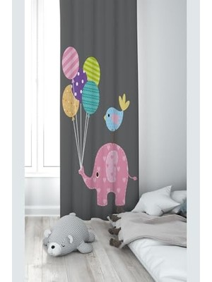 Trendexa Fil ve Balon Desenli Dijital Baskılı Yıkanabilir Füme Fon Perdesi 140 x 240