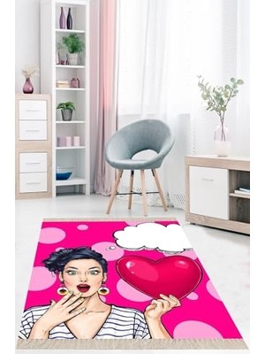 Trendexa Sürpriz Tema Kalp Desenli Dijital Baskılı Yıkanabilir Kaymaz Tabanlı Modern Salon Halısı ve Yolluk, Fuşya 80 x 200