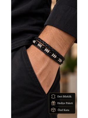 Herşey Nota Delcoris Silverrhythm Siyah Deri Erkek Bileklik - Metal Halkalı Boncuklu Örgü