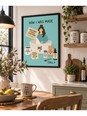 Pegziz How I Was Made Çerçeveli Tablo – Overthinking Kahve Temalı Eğlenceli Modern Illüstrasyon Duvar Dekoru
