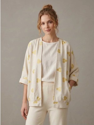 Crystalia Kadın Ekru Sarı Çiçek Desenli Dokulu Kumaş Kısa Kimono Hırka