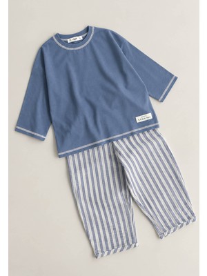 Cigit Oversize Pantolon Takım 2-10 Yaş Indigo Kalın Çizgili