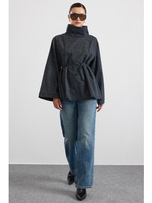 Olcay Degaje Yaka Oversize Kareli Bluz Antrasit 9839