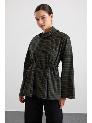 Olcay Degaje Yaka Oversize Kareli Bluz Haki 9839