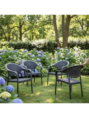 Trendexa Sandalye, 4 Adet Bambu Plastik Rattan Bahçe Balkon Teras Sandalyesi Gizli Metal Profil Ayaklı Kollu Bahçe Koltuk (Antrasit)