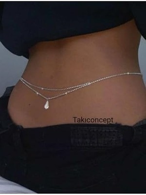 Trendexa Kristal Detaylı Taşlı Bel Zinciri Sırt Kolyesi Vücut Aksesuarı, Gümüş