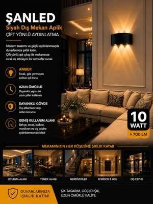 Trendexa Dekoratif 10W Çift Yönlü Iç-Dış Mekan Siyah Kasa Amber Rengi Işık Duvar Aplik-10 Adet (2, Amber Renk)