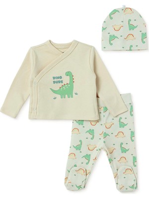 Hellobaby Erkek Bebek Zıbın-Şapka-Alt Hayvan Baskılı Çıtçıtlı V Yaka Uzun Kol Patikli