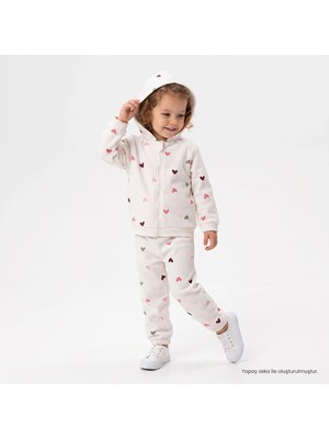 Hellobaby Kız Bebek Eşofman Takımı Kalp Baskılı Fermuarlı Kapüşonlu Long Sleeve Lastikli