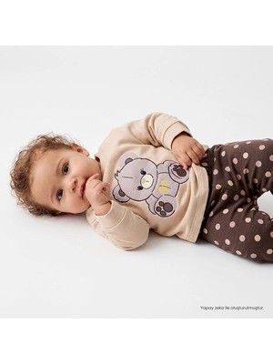 Hellobaby Kız Bebek Pijama Takımı Hayvan Baskılı Çıtçıtlı Bisiklet Yaka Uzun Kol Ribanalı