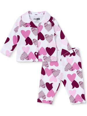 Hellobaby Kız Bebek Pijama Takımı Kalp Baskılı Düğmeli Gömlek Yaka Long Sleeve Reçme