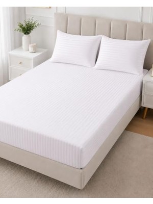 Trendexa Beyaz Çizgili Lastikli Çarşaf Takımı, %90 Pamuk 83 Tel Saten, Çift Kişilik, 180X200X30 cm