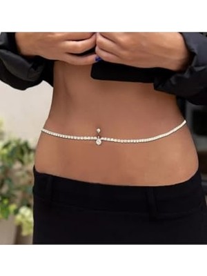 Trendexa Gümüş Taşlı Çelik Göbek Piercingi, Bel Zincirli